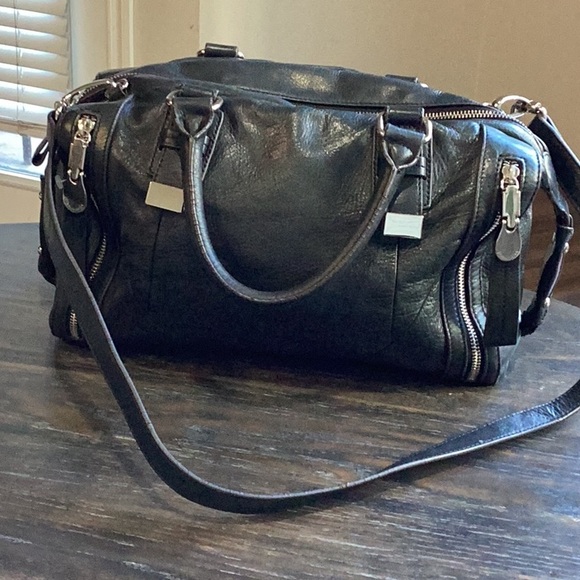 B. Makowsky Black Leather Satchel with Crossbody Strap EUC - Picture 1 of 12